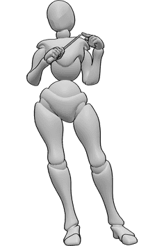 Pose Reference- Confident holding dagger pose - Female is standing, holding a dagger in her right hand, thouching it with her left hand