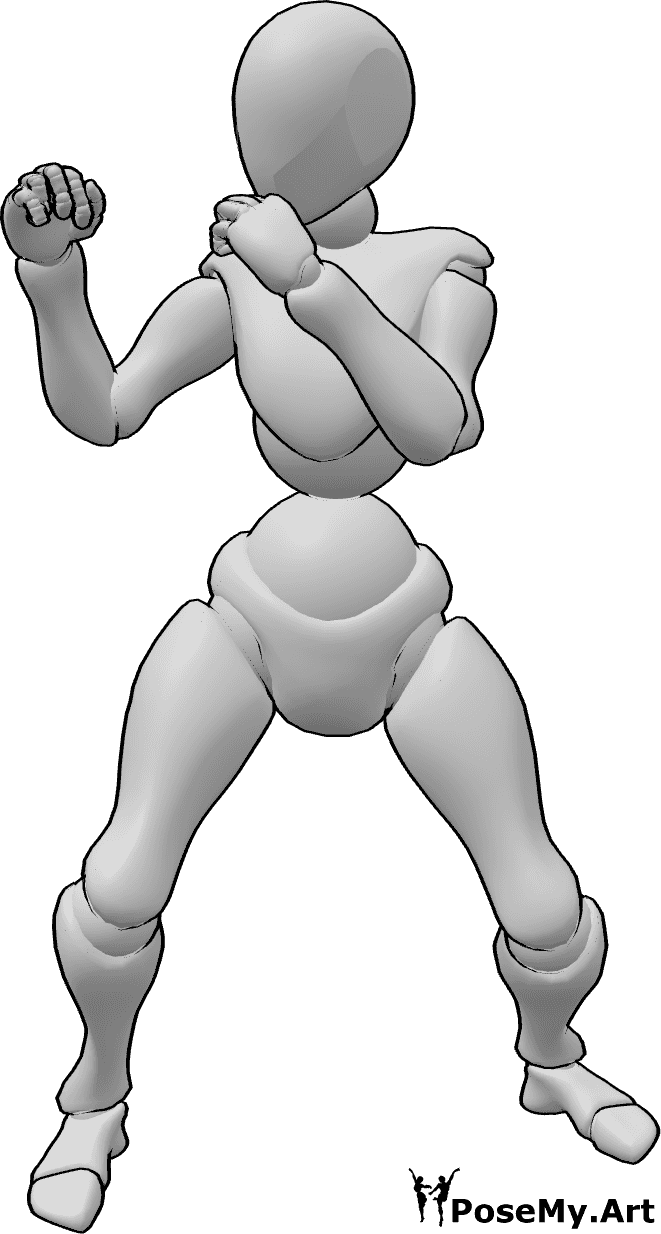 Referência de poses- Pose de soco feminina - A mulher está pronta para lutar, preparando-se para fazer uma pose de soco