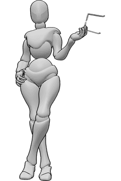 Pose Reference- Female holding glasses pose - Female is standing with her legs crossed and holding her glasses in her left hand