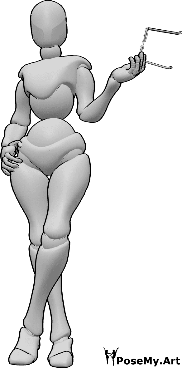 Pose Reference- Female holding glasses pose - Female is standing with her legs crossed and holding her glasses in her left hand