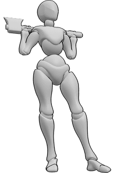 Pose Reference- Female holding axe pose - Female is standing and holding an axe with both hands behind her back