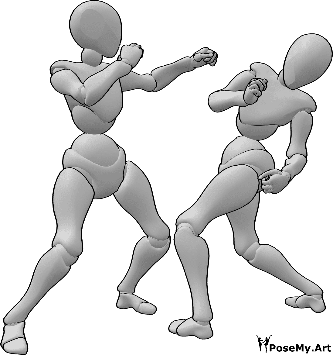 Referência de poses- Esquiva-se da pose de soco - Duas mulheres estão a lutar, a mulher esquiva-se da pose de soco