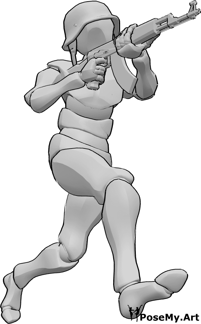 Pose Reference- Dynamic running shooting pose - Male is wearing a helmet, running, holding a gun with both hands and shooting