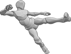 Pose Reference- Dynamic side kicking pose - Male is jumping and sidekicking with his left foot, male dynamic kicking pose