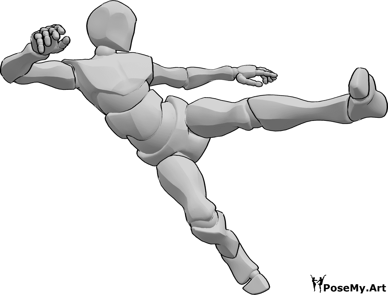 Pose Reference- Dynamic side kicking pose - Male is jumping and sidekicking with his left foot, male dynamic kicking pose