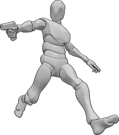 Referencia de poses- Hombre saltando pose de tiro - Hombre corriendo, saltando y disparando, sosteniendo el arma en su mano derecha.