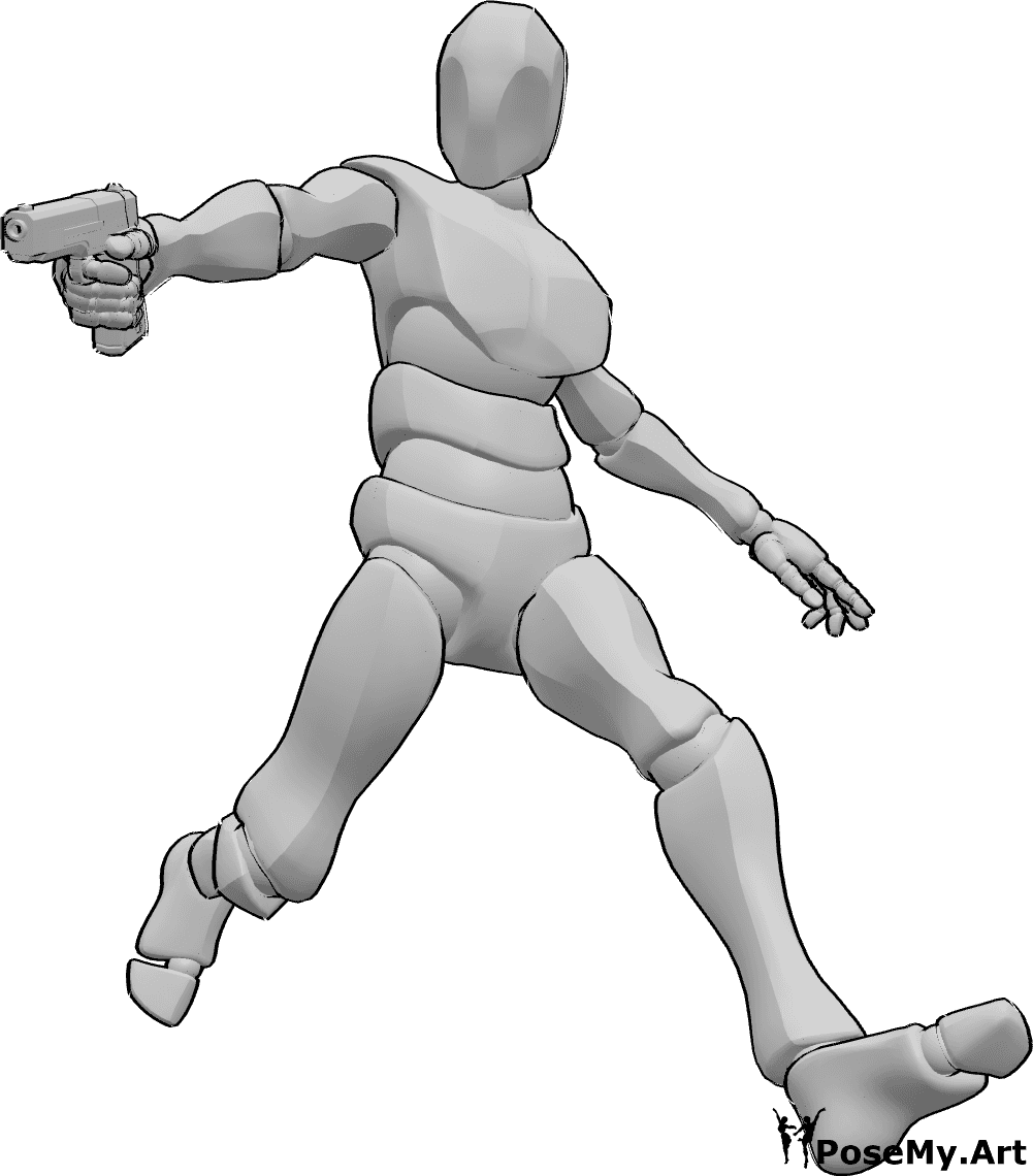 Referencia de poses- Hombre saltando pose de tiro - Hombre corriendo, saltando y disparando, sosteniendo el arma en su mano derecha.