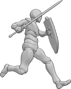 Pose Reference- Male fighter running pose - Male is holding a medieval shield and a great sword, running and looking to the left