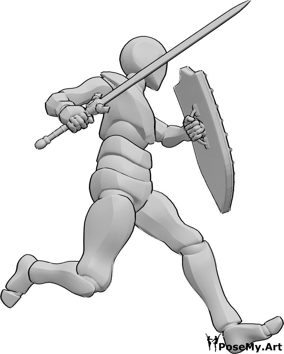 Referencia de poses- Peleador masculino en pose de carrera - Varón sosteniendo un escudo medieval y una gran espada, corriendo y mirando a la izquierda