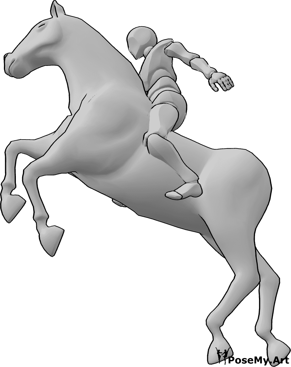 Referencia de poses- Postura de equitación dinámica masculina - Hombre montando a caballo y saltando por encima de algo, pose dinámica de equitación