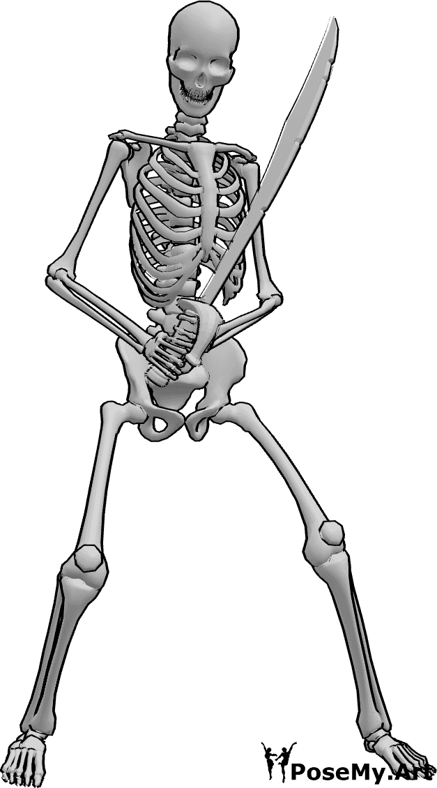 Pose Reference- Skeleton holding sabre pose - Skeleton is standing and holding a sabre with both hands