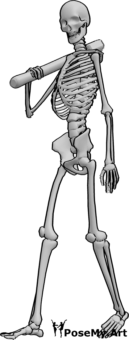 Pose Reference- Skeleton holding axe pose - Skeleton is walking, holding an axe in his right hand, skeleton holding hand reference