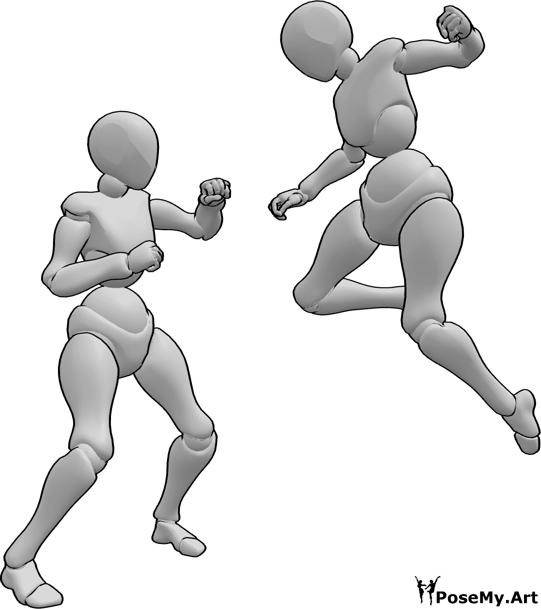 Posen-Referenz- Hohe Punch-Pose - Die Frauen kämpfen, eine springt hoch, um einen Schlag zu landen