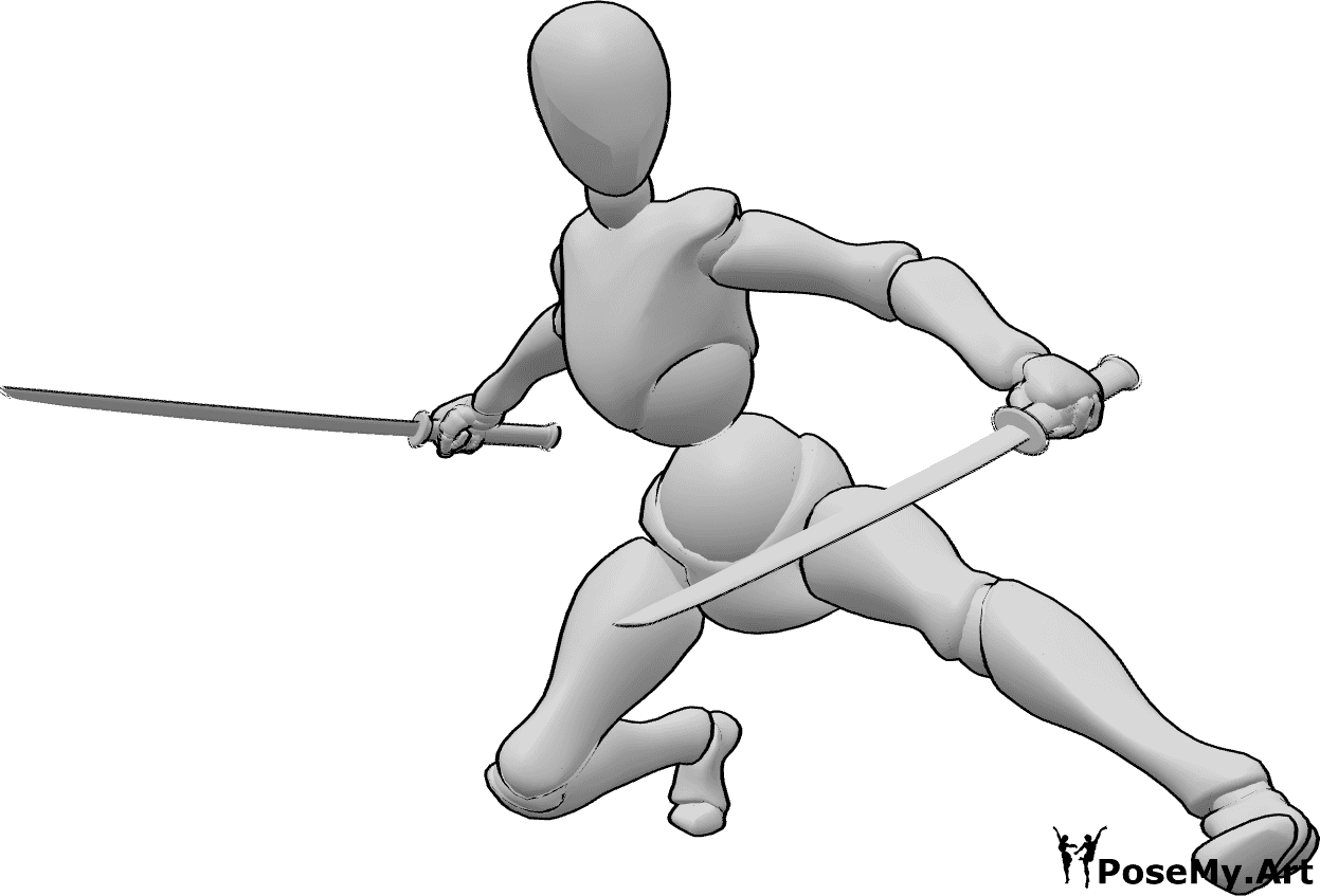 Referência de poses- Aterragem com pose de katana - Mulher está a aterrar, segurando katanas e olhando para a esquerda, pose dinâmica de katana