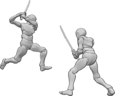 Referência de poses- Pose de combate com katana - Dois homens estão a lutar com katanas, pose dinâmica de luta de espadas