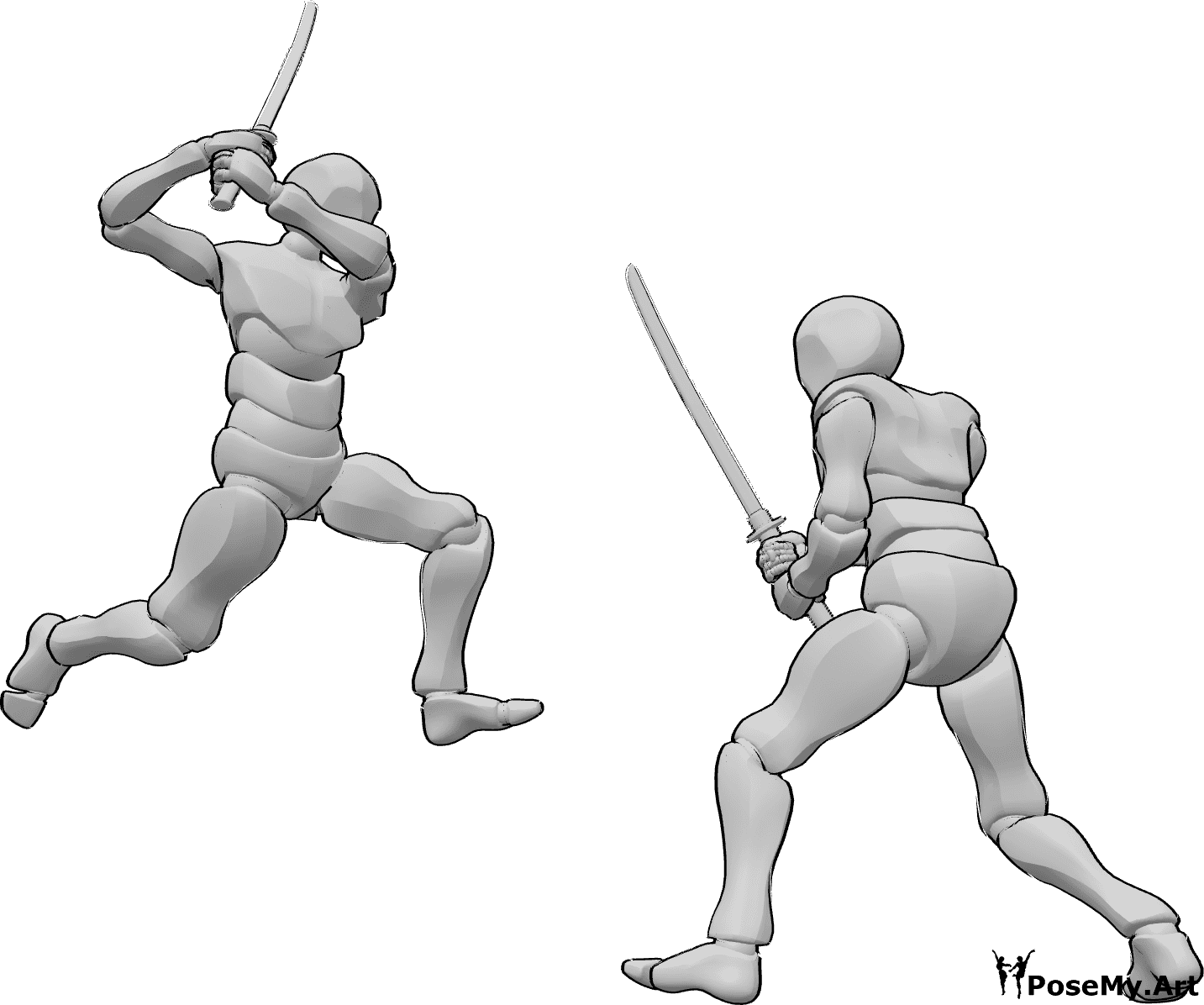 Referencia de poses- Postura de combate con katana - Dos hombres luchan con katanas, pose dinámica de lucha con espadas