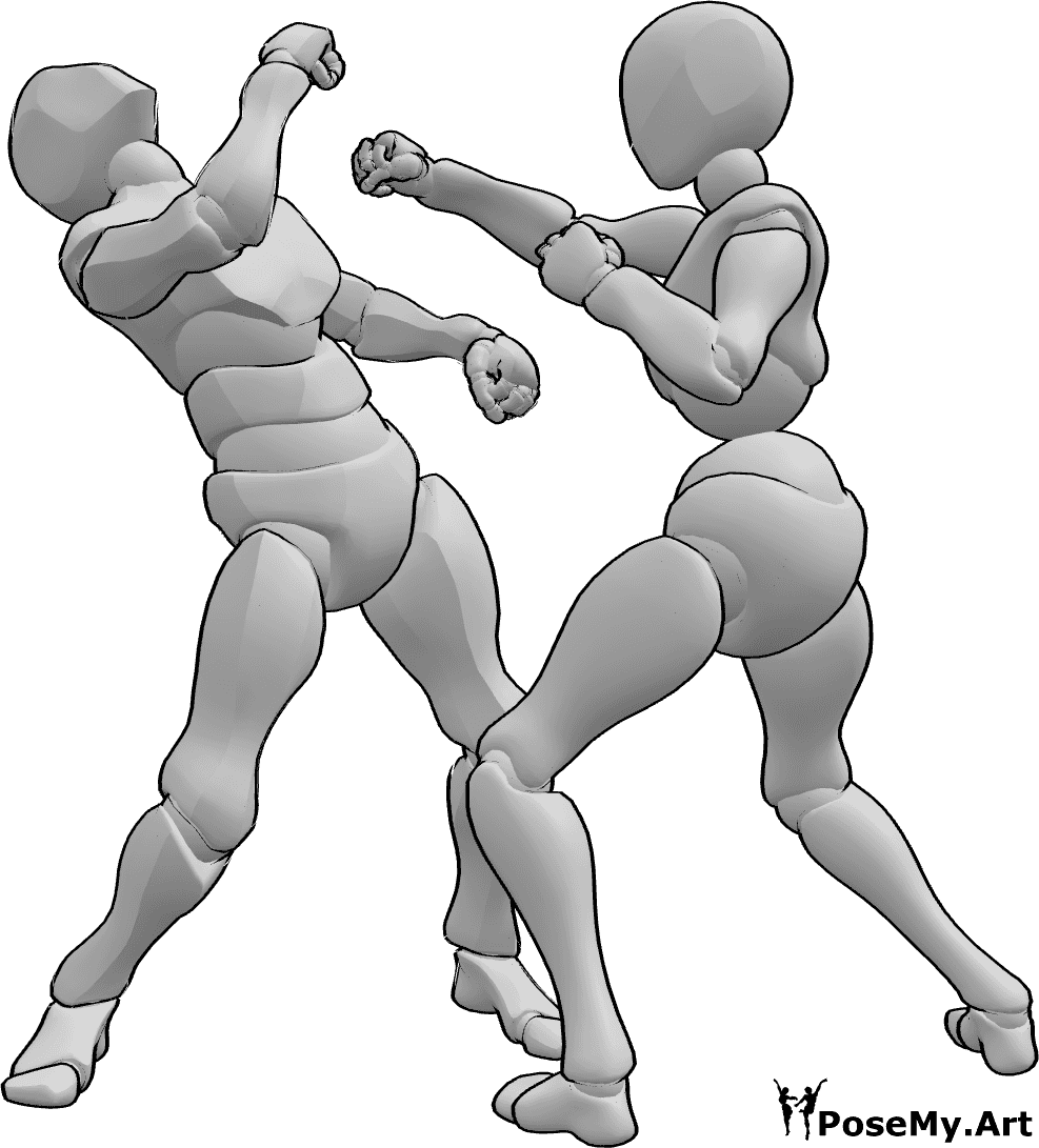 Referência de poses- Pose de soco para homem e mulher - Mulher e homem estão a lutar, a mulher faz uma pose de soco