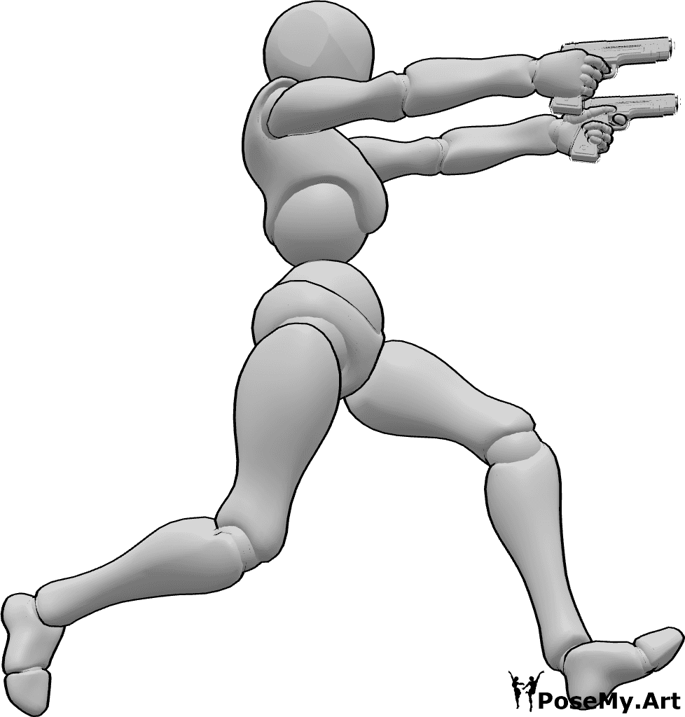 Referencia de poses- Postura de acción dinámica - Mujer corriendo, sujetando pistola con ambas manos y apuntando hacia delante, pose de acción de tiro.