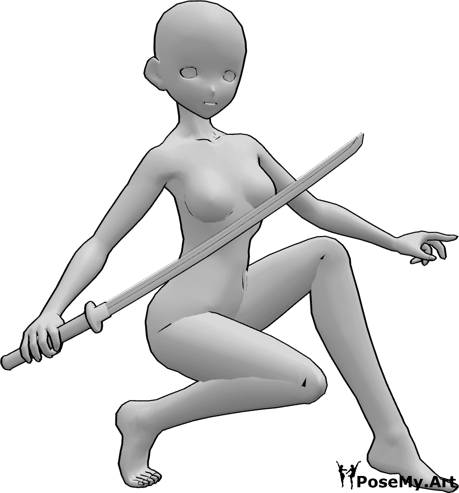 Referência de poses- Pose de katana feminina de anime - Mulher anime com uma katana, pose de pronta a lutar