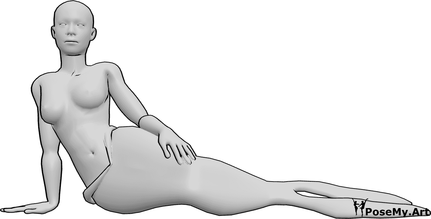 Referência de poses- Pose da sereia sentada - Sereia feminina sentada, apoiada na mão direita, referência de desenho simples de sereia