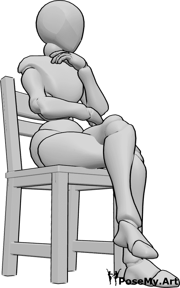 Référence des poses- Femme assise - La femme est assise sur la chaise avec élégance, ses jambes sont croisées.