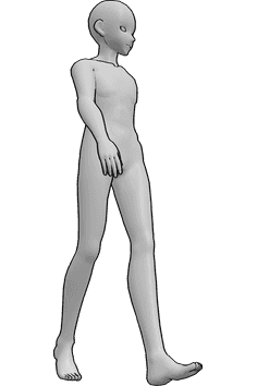 Référence des poses- Anime male walking pose - Un homme se promène de façon décontractée en regardant vers la gauche, dessin animé de référence.