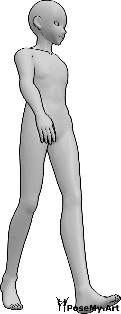 Référence des poses- Anime male walking pose - Un homme se promène de façon décontractée en regardant vers la gauche, dessin animé de référence.