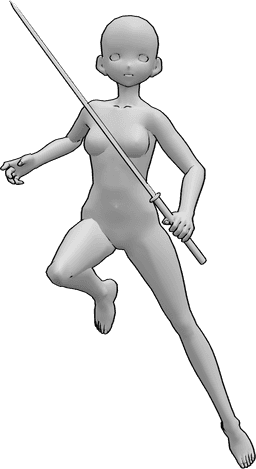 Pose Reference - Anime katana pose - Anime female in the air with a katana pose