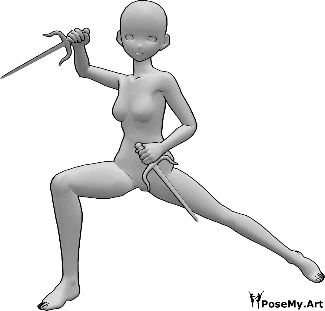 Referência de poses- Pose de sai feminina de anime - Mulher anime com sai, pose de pronta a lutar