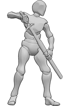 Pose Reference- Male holding sword pose - Male is standing, holding a sword in his right hand, and the sheath in his left hand