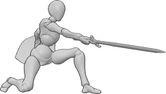 Pose Reference- Kneeling swinging sword pose - Female is kneeling, holding a sword and a shield, swinging the sword in her right hand