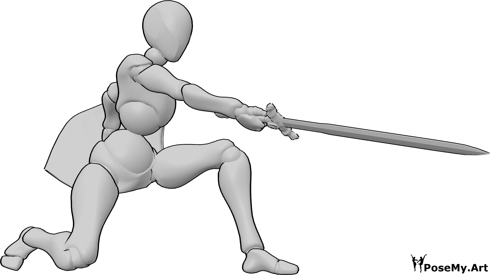 Pose Reference- Kneeling swinging sword pose - Female is kneeling, holding a sword and a shield, swinging the sword in her right hand