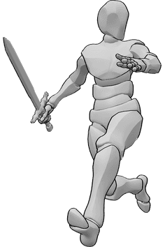 Pose Reference- Holding sword running pose - Male is running, holding a sword in his right hand, looking to the left