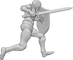 Pose Reference- Male sword attack pose - Male is holding a sword and a shield, running and attacking