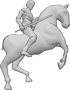 Pose Reference- Riding holding sword pose - Male is horse riding, holding a sword in his right hand and a shield in his left hand