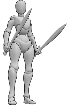 Pose Reference- Female holding swords pose - Female is standing confidently and holding swords, looking to the right