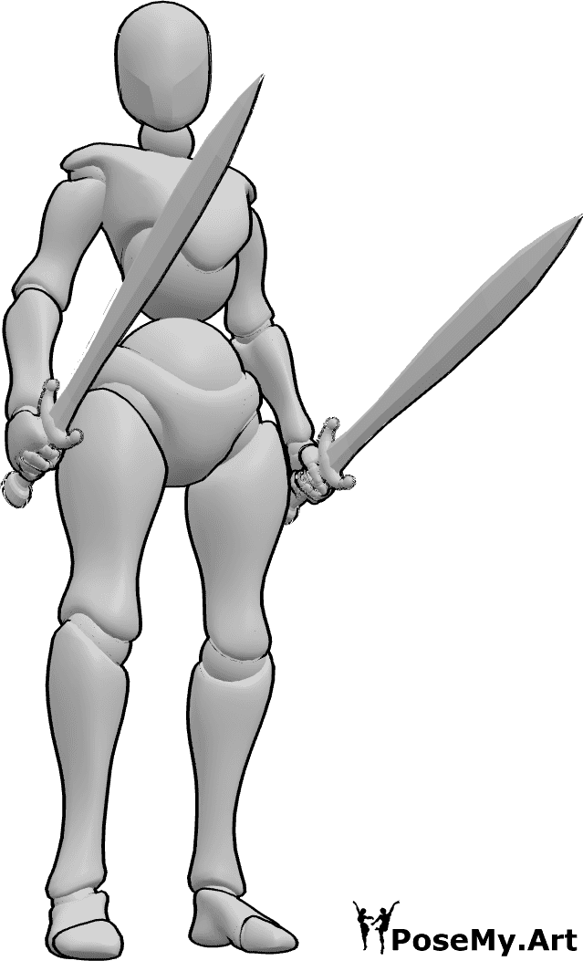 Pose Reference- Female holding swords pose - Female is standing confidently and holding swords, looking to the right