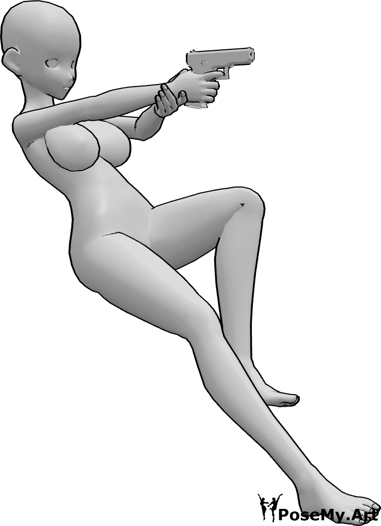 Référence des poses- Anime jump gun pose - La femme animée saute en arrière et tire la pose de l'arme.
