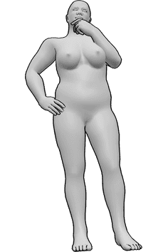 Pose Reference- Female standing pose - Female is standing, holding her hip with her right hand and her chin with her left hand