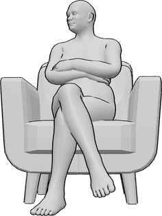 Référence des poses- Femme assise dans un fauteuil - La femme est assise dans le fauteuil, les bras et les jambes croisés, et regarde vers la droite.