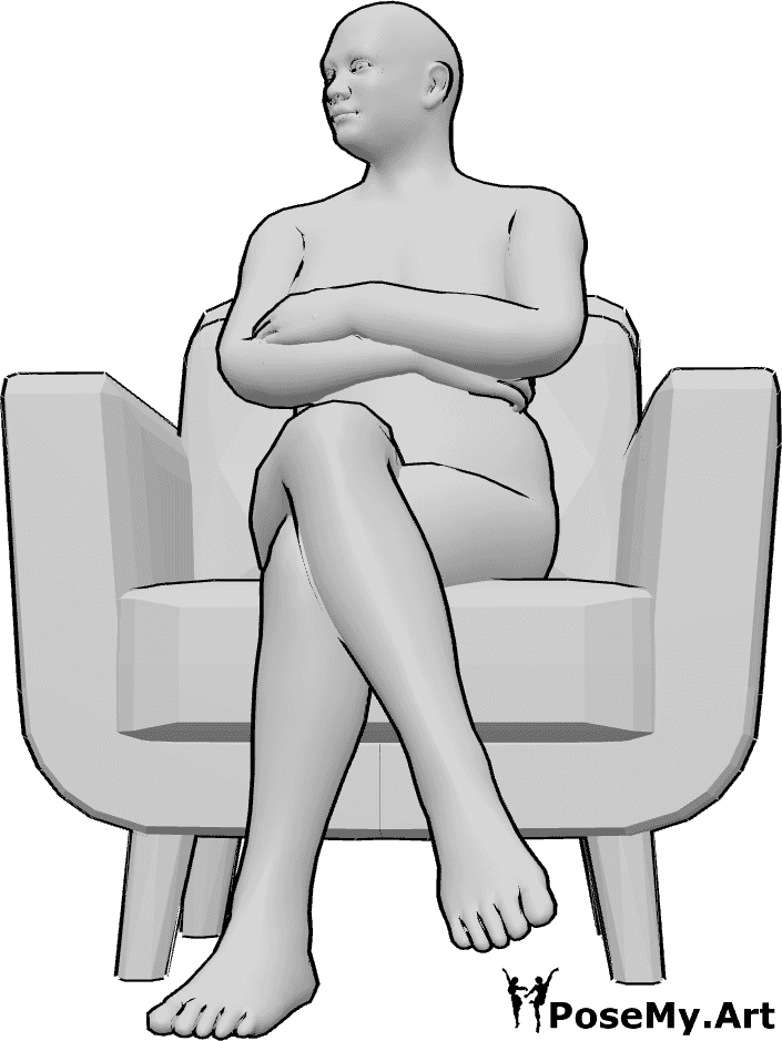 Référence des poses- Femme assise dans un fauteuil - La femme est assise dans le fauteuil, les bras et les jambes croisés, et regarde vers la droite.