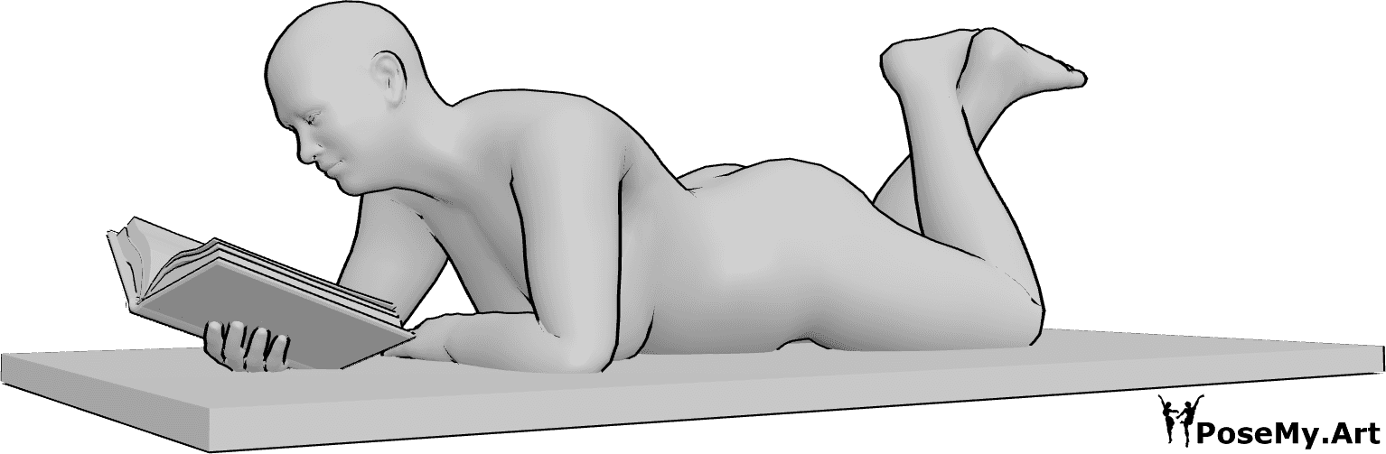 Pose Reference- Female lying pose - Female is lying on her stomach and reading, holding the book in her right hand