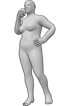 Pose Reference- Female standing drinking pose - Female is standing and drinking, holding her hip with her left hand