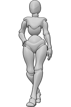 Pose Reference- Female walking pose - Female is walking elegantly, holding her hip with her right hand