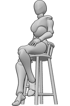 Référence des poses- Pose de tabouret de bar féminin - La femme est assise sur le tabouret de bar et regarde légèrement vers la gauche.