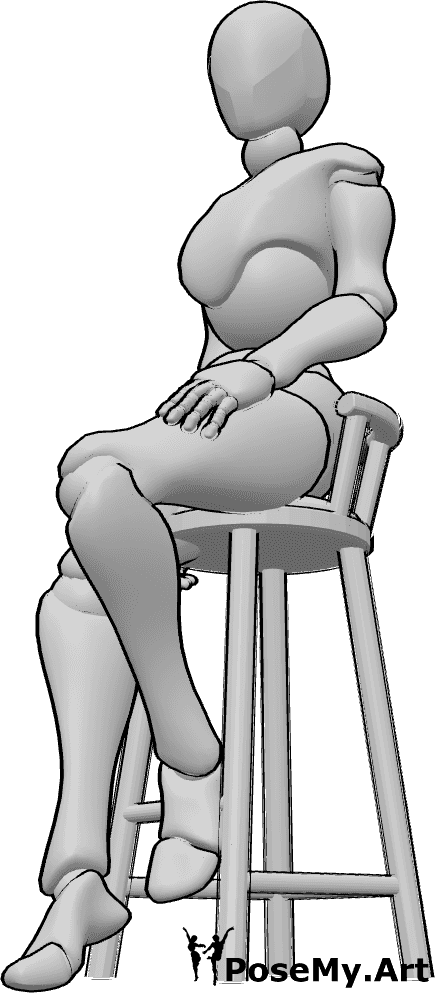 Référence des poses- Pose de tabouret de bar féminin - La femme est assise sur le tabouret de bar et regarde légèrement vers la gauche.