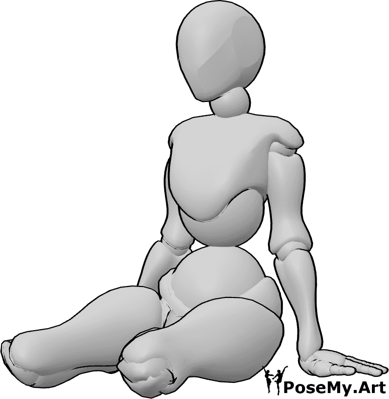 Pose Reference- Female floor sitting pose - Female is sitting on the floor comfortably, leaning on her left hand