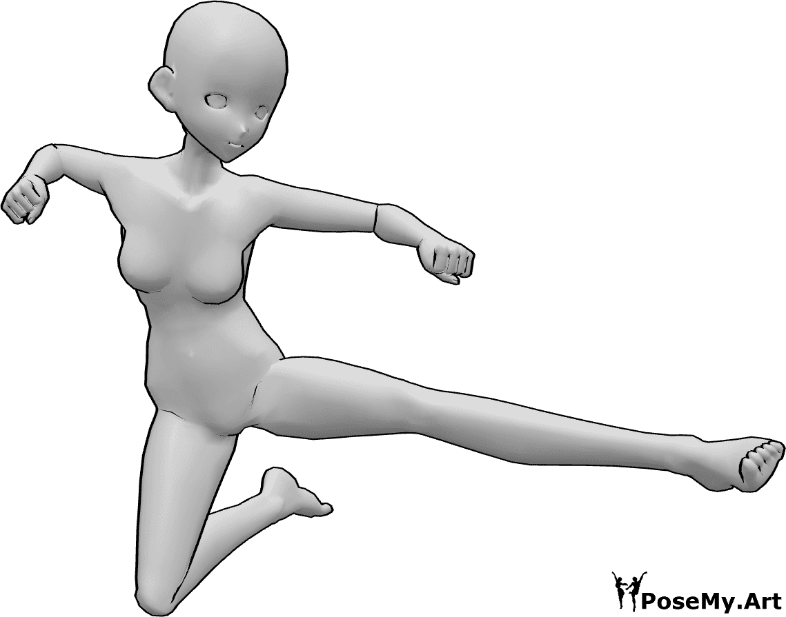 Référence des poses- Pose féminine de coup de pied aérien - Anime femme coups de pied en l'air pose