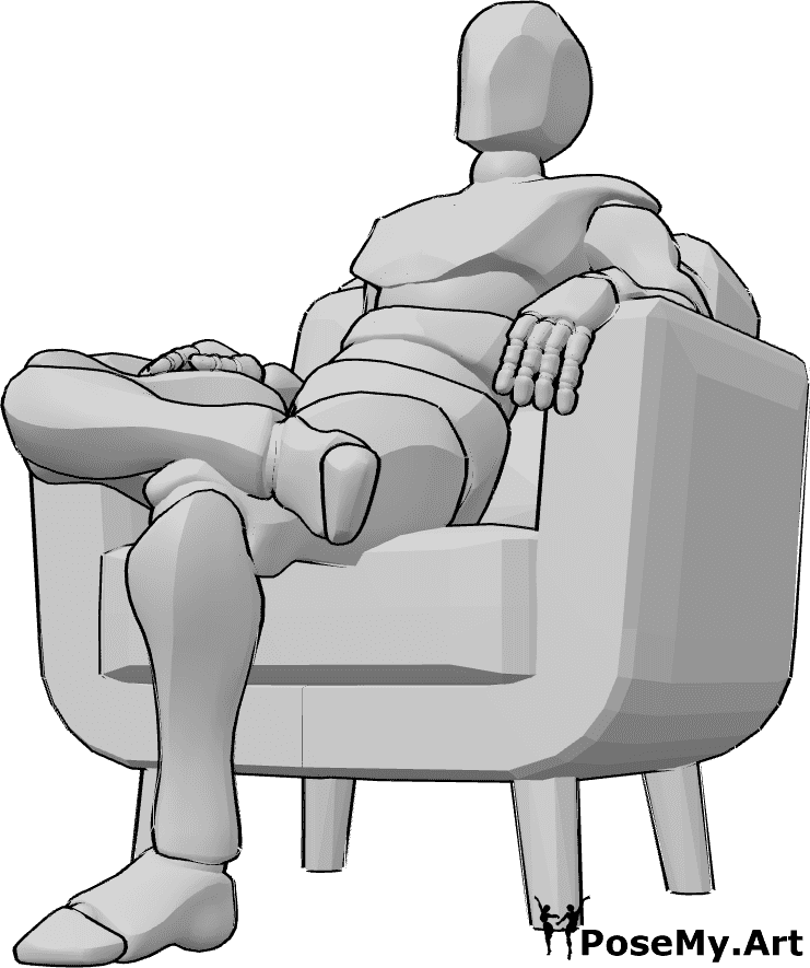 Référence des poses- Homme assis - L'homme est assis confortablement dans le fauteuil, les jambes croisées.