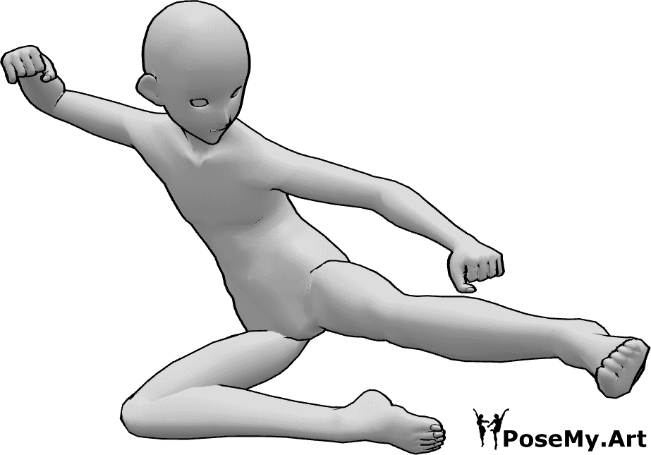 Référence des poses- Pose masculine de coup de pied aérien - Anime masculin donnant des coups de pied en l'air